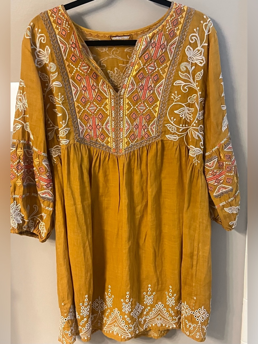 Johnny Was Mustard Embroidered Cotton Peasant Dress; Size Large